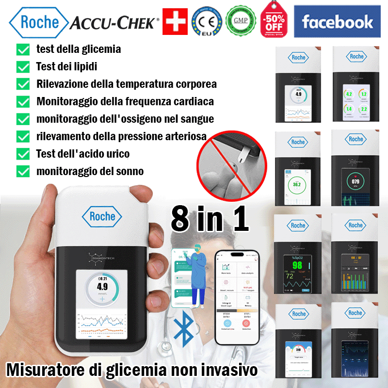 [8 in 1 importato dalla Svizzera] Misuratore di glicemia multifunzionale non invasivo ad alta precis